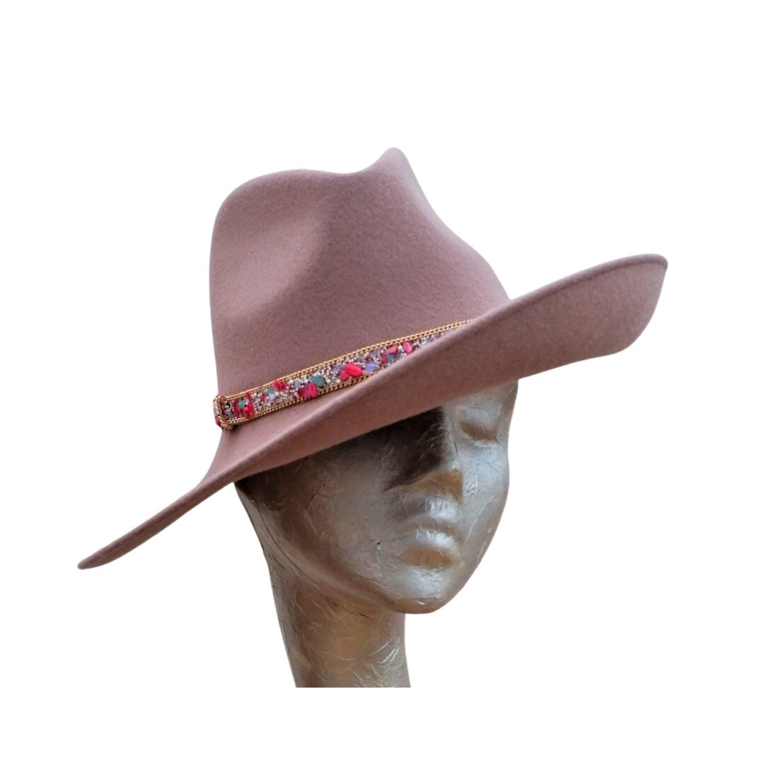 Mabel - Blush Felt Trilby Hat with Gemstone Trim