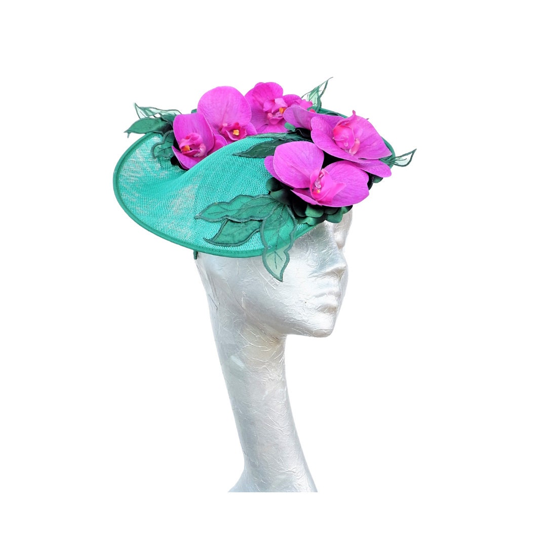 Orkney - Emerald Green Sinamay fascinator with Cerise touch Orchids
