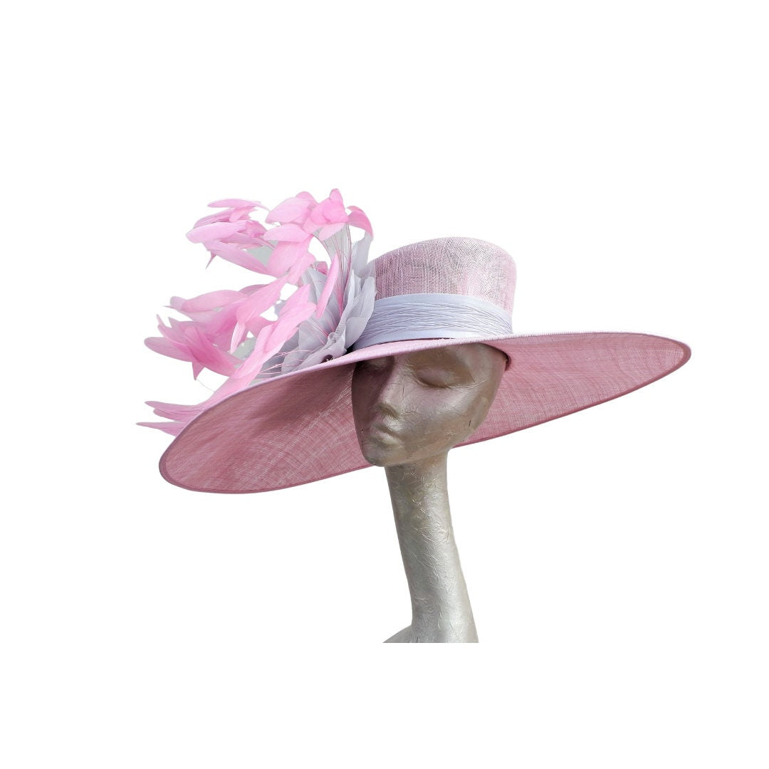 Philipa - Extra large Orchid Pink Hat with Silver Grey organza flower & Pink feathers