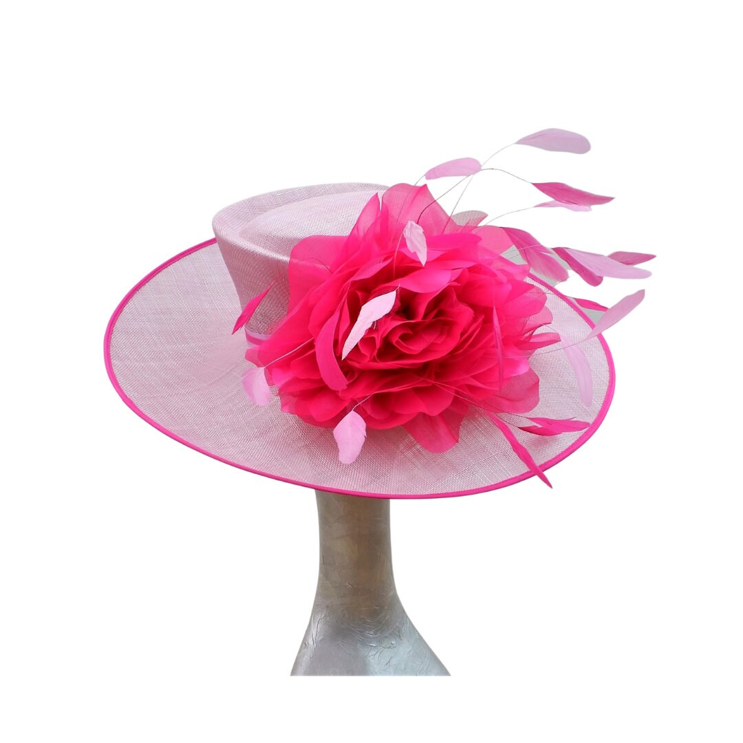 Helena -large Orchid Pink Hat with Fuchsia pink organza flower & Pink feathers