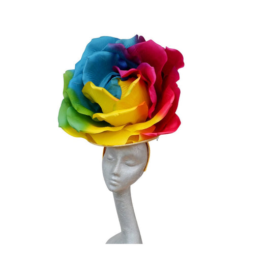 Lizzy - Giant oversized 50cm Rainbow rose fascinator with Yellow merry widow netted bow