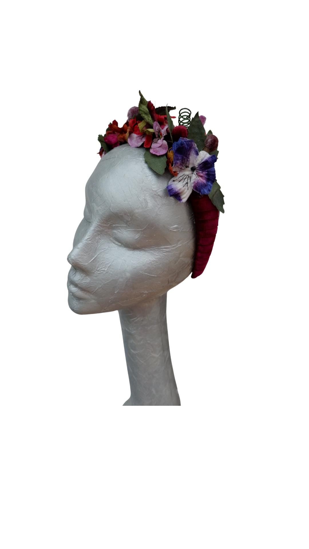 Viola - Claret Velvet Fascinator Headband with Multi Vintage pansies
