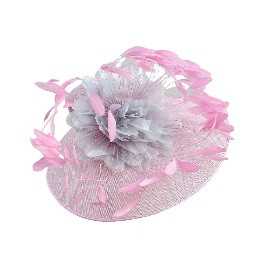 Philipa - Extra large Orchid Pink Hat with Silver Grey organza flower & Pink feathers