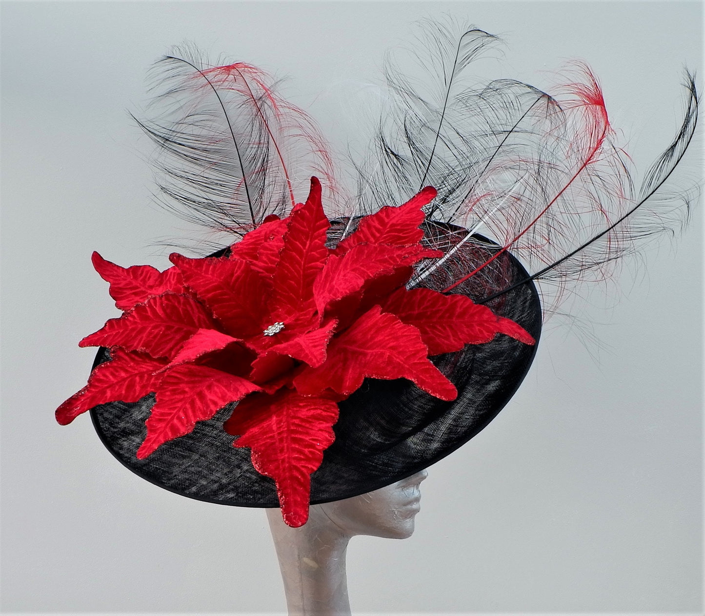 Extra large Black feature fascinator with 57cm Velvet Poinsettia & Ostrich feathers