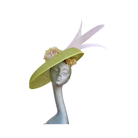 Hetty - Extra large Wasabi Green Hatinator with Pink & Green Hydrangea flowers and Pink Feathers