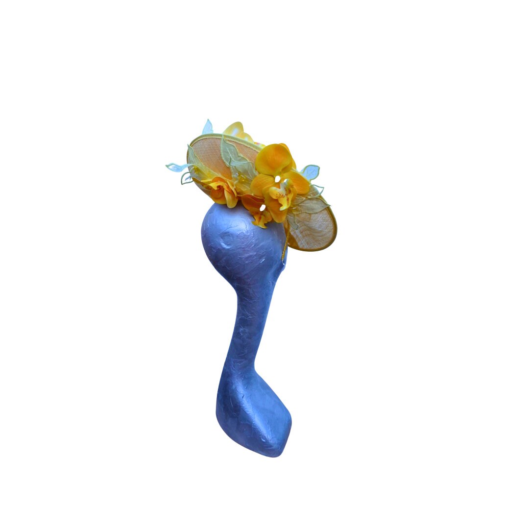 Orkney - Lemon Sinamay fascinator with Lemon & Pink Real touch Orchids
