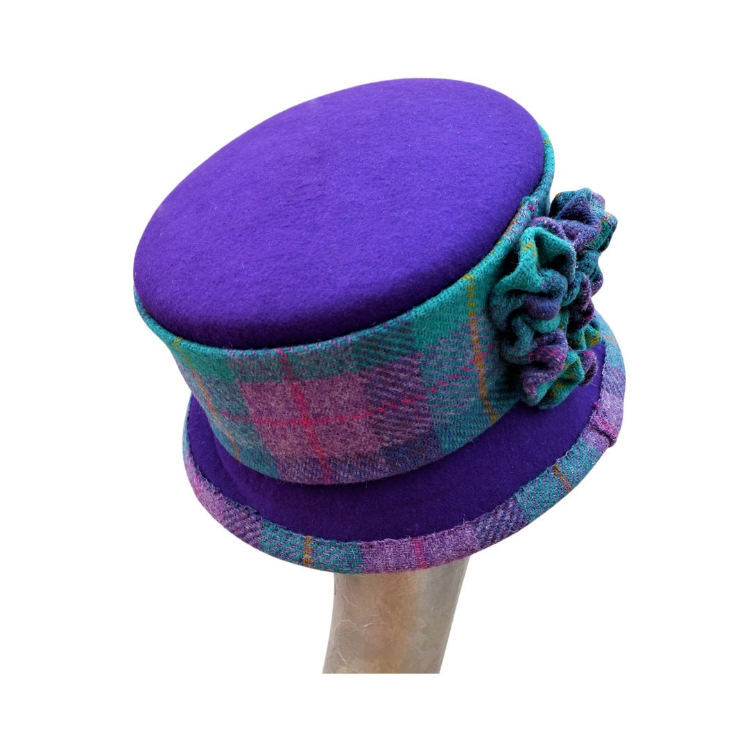 Bonnie - Purple Felt Bucket Hat with Harris Tweed Trim