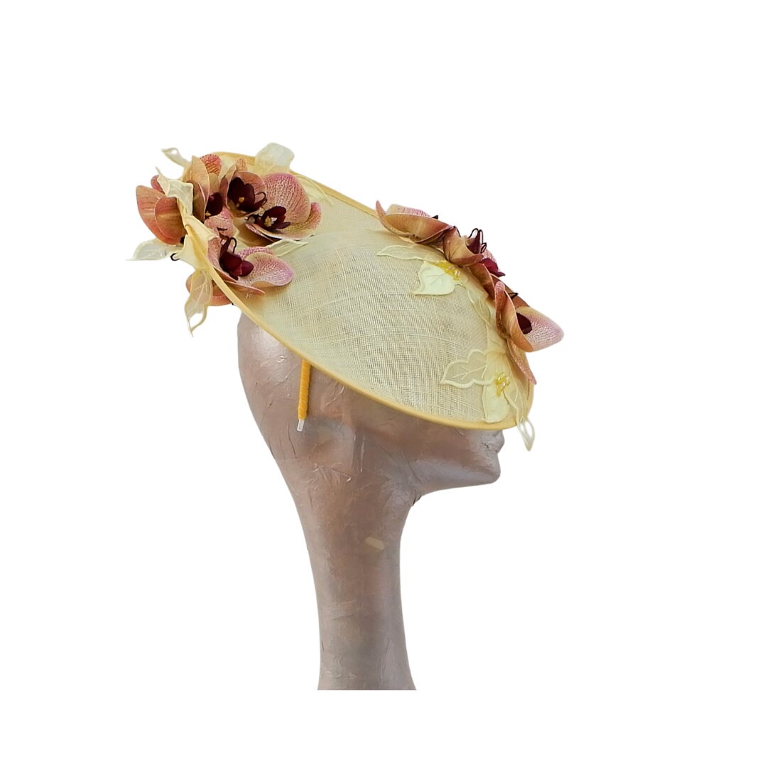Orkney - Lemon Sinamay fascinator with Lemon & Pink Real touch Orchids