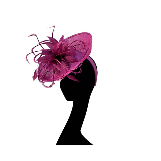Amethyst uptured saucer with Amethyst feather trimmings by Hats2go