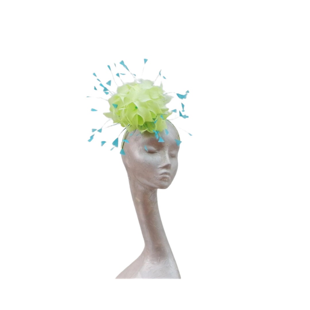 Immy - Beautiful feather fascinator in Lime Green & Turquoise