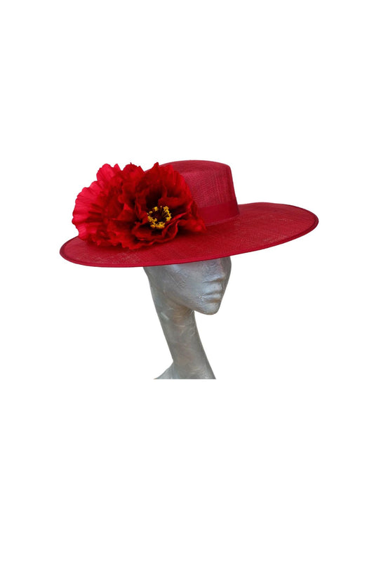 Belinda - Cherry Red Boater with Poppies
