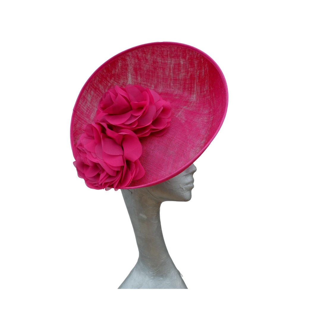 Kelsi - Fuchsia Feature fascinator with two tone fabric flowers on hairband