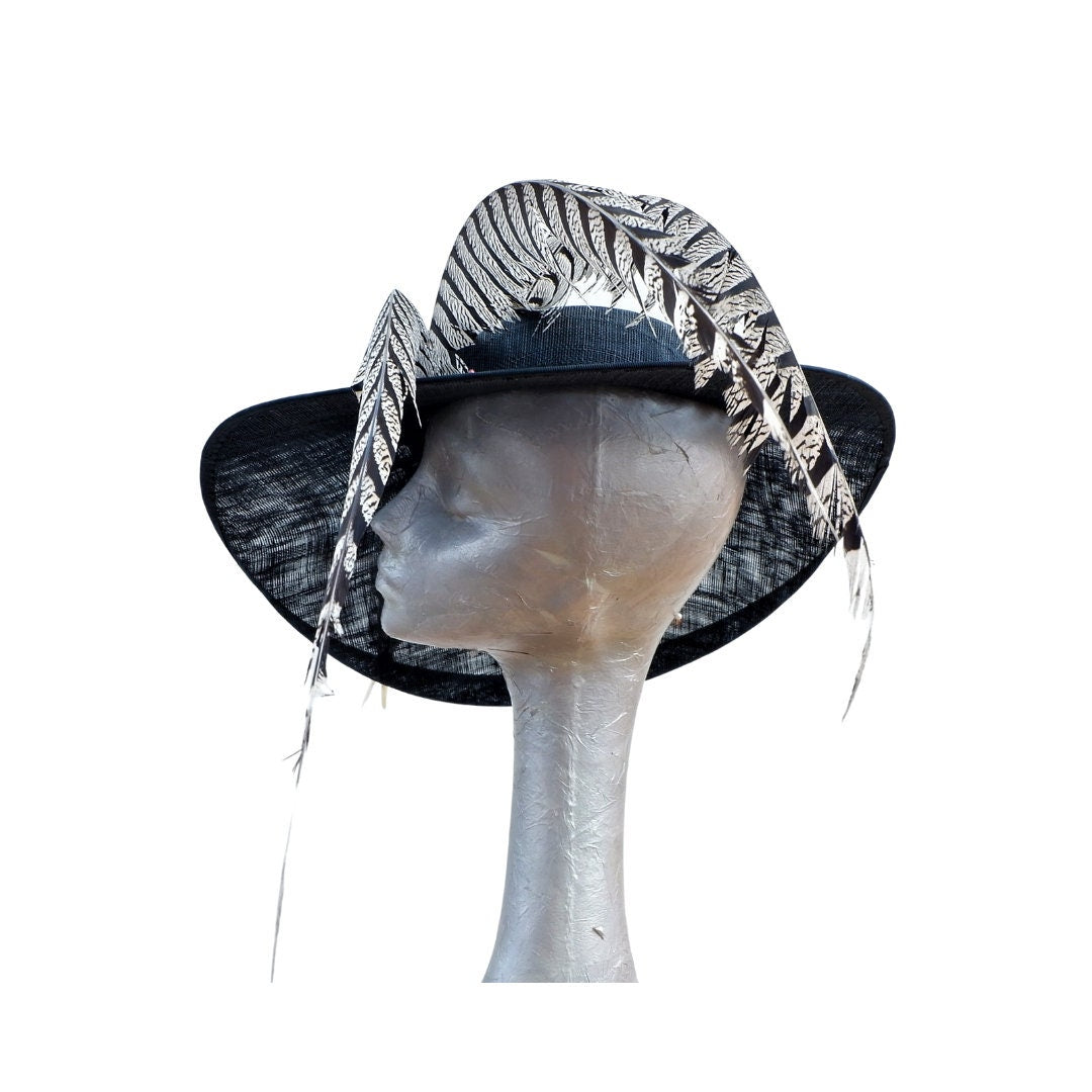 Roxy - Extra large Black Hat with 45" Off White & Black Lady Amhurst feathers