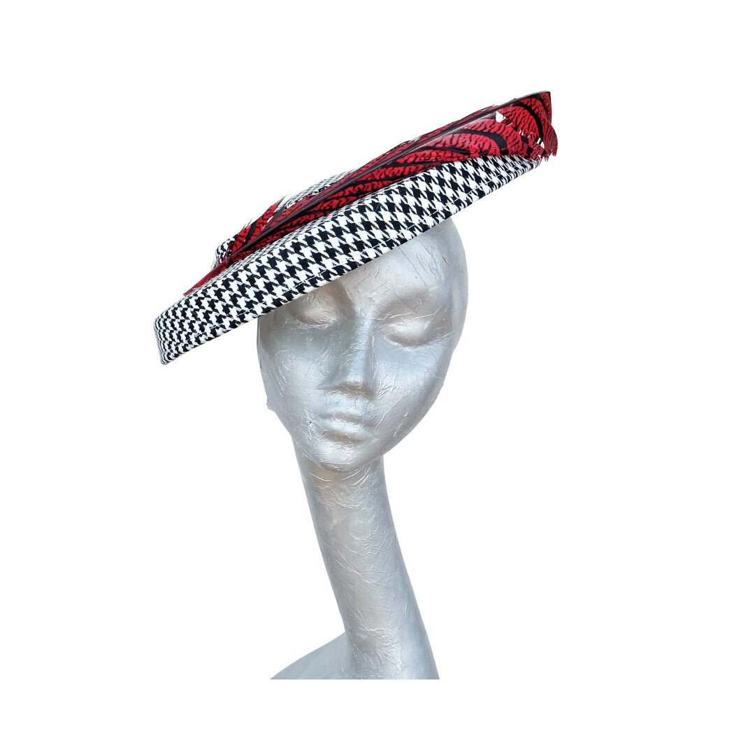 Albie - Hounds tooth Black & White hatinator with Red/Black Lady Amehurst Pheasant feather trim