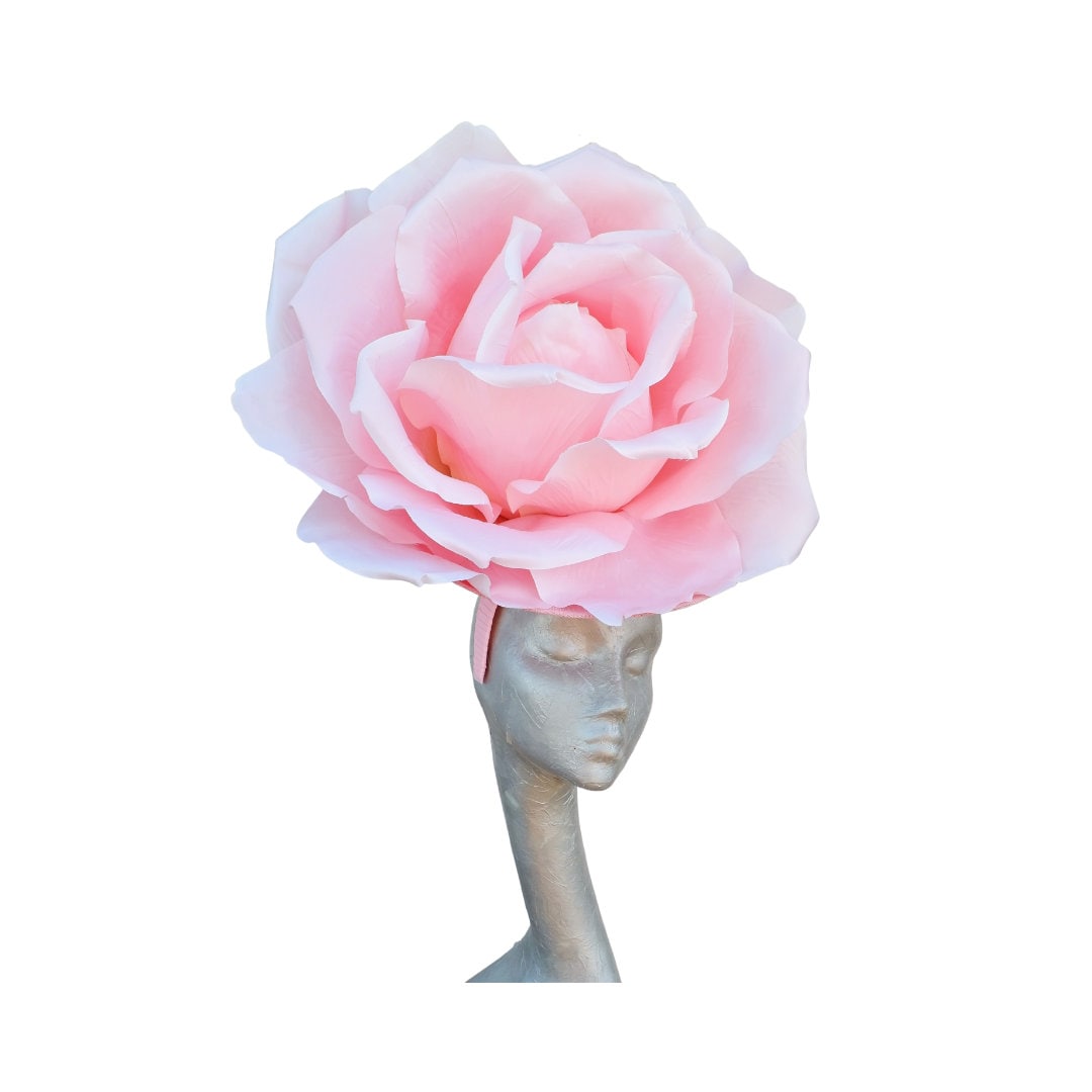 Lizzy - Giant oversized 50cm Pink rose fascinator with Pink merry widow netted bow