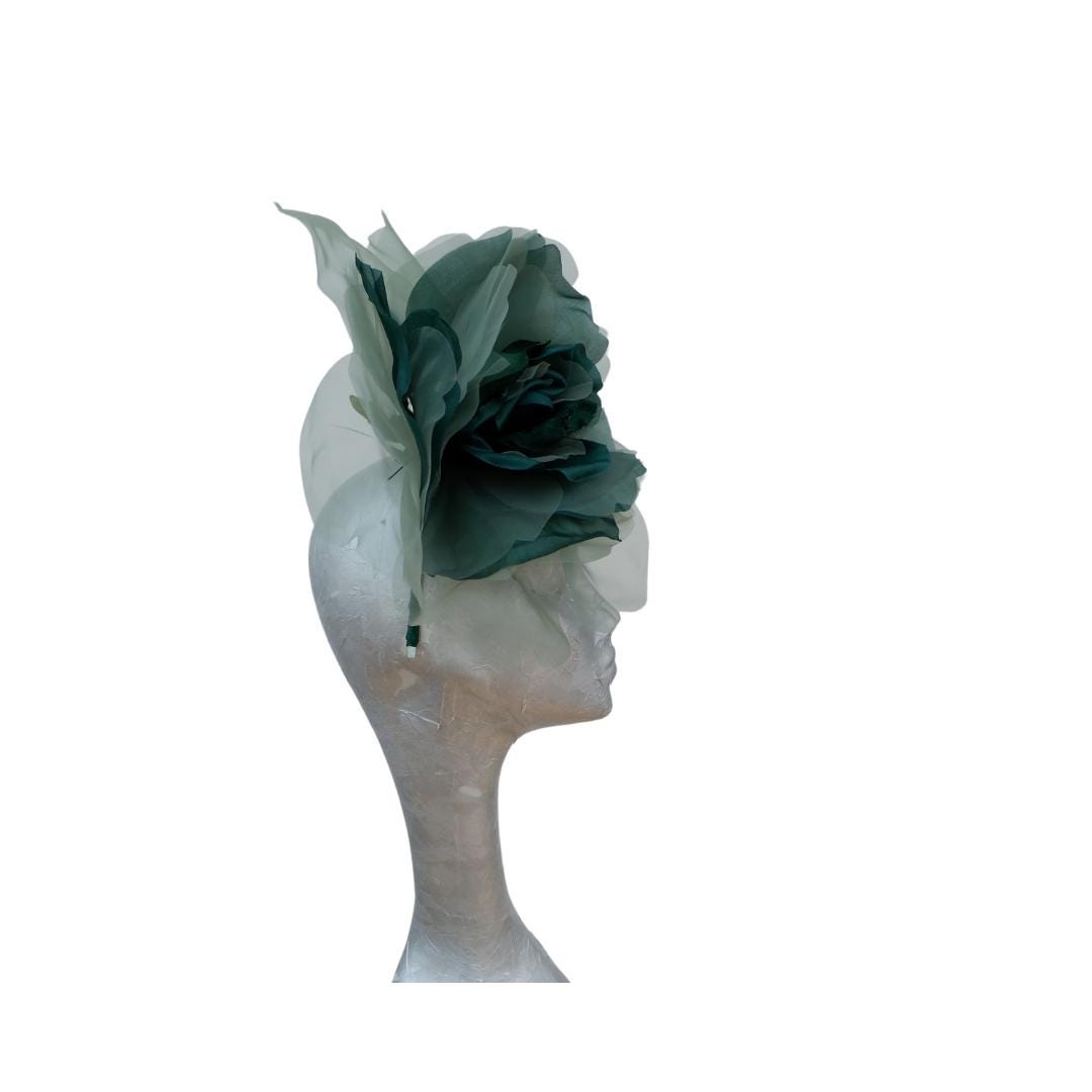 Ava-- Bottle Green silk organza 12 inch flower  fascinator