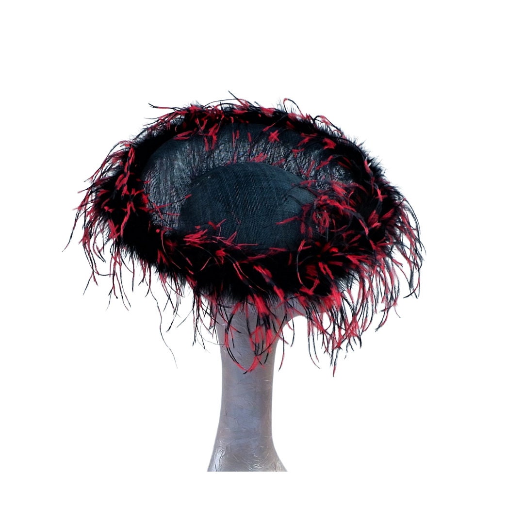 Giselle II -Black Saucer Hatinator with Black & Red ostrich Feathers