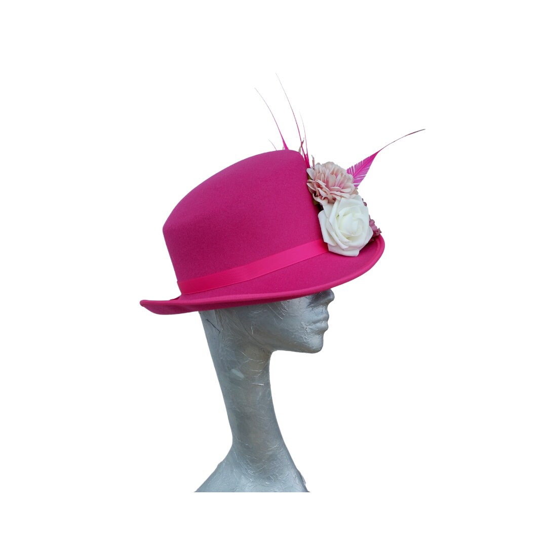 Darcy - Hot pink & Ivory slanted soft Top Hat with Floral detail