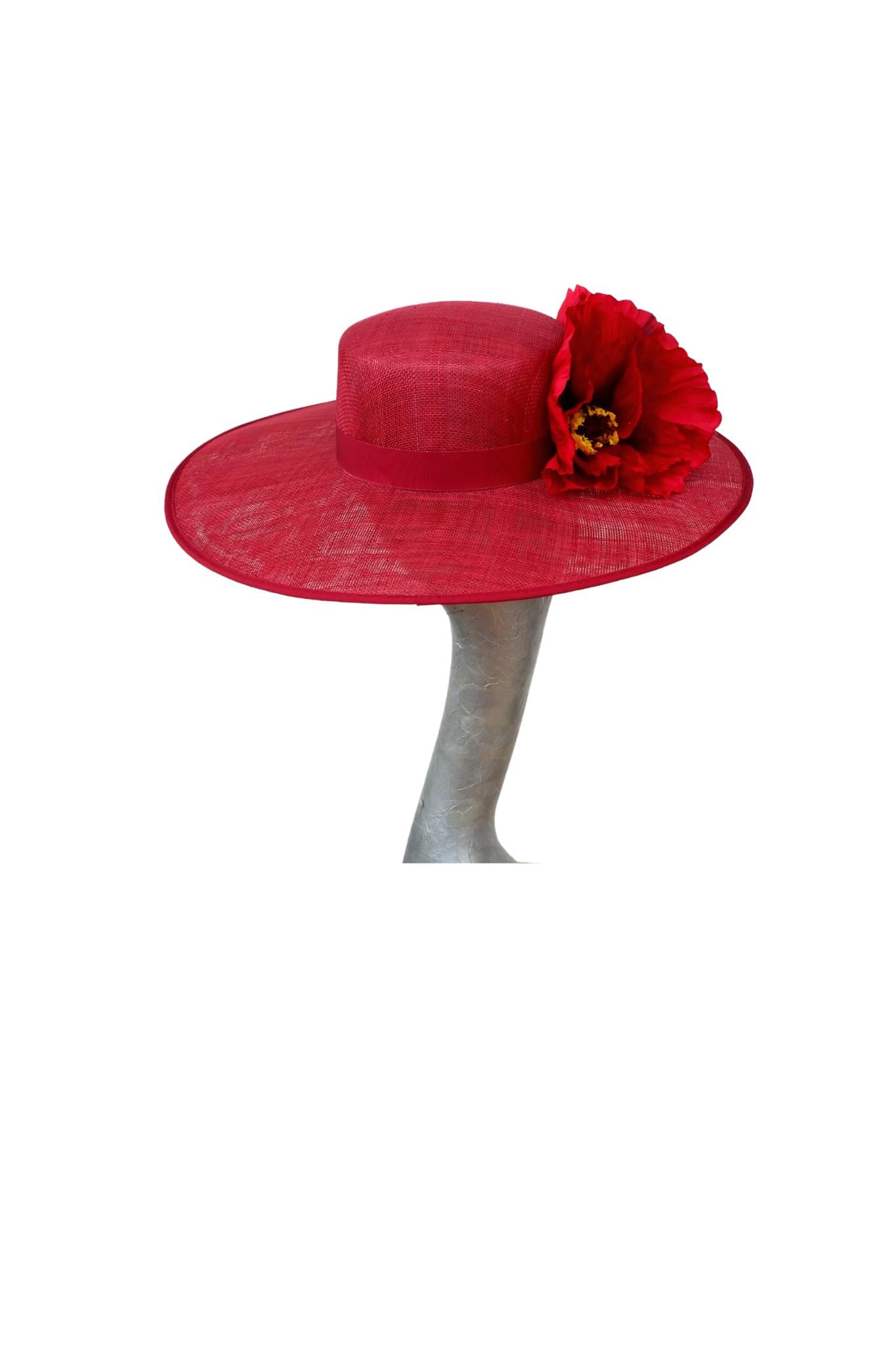 Belinda - Cherry Red Boater with Poppies
