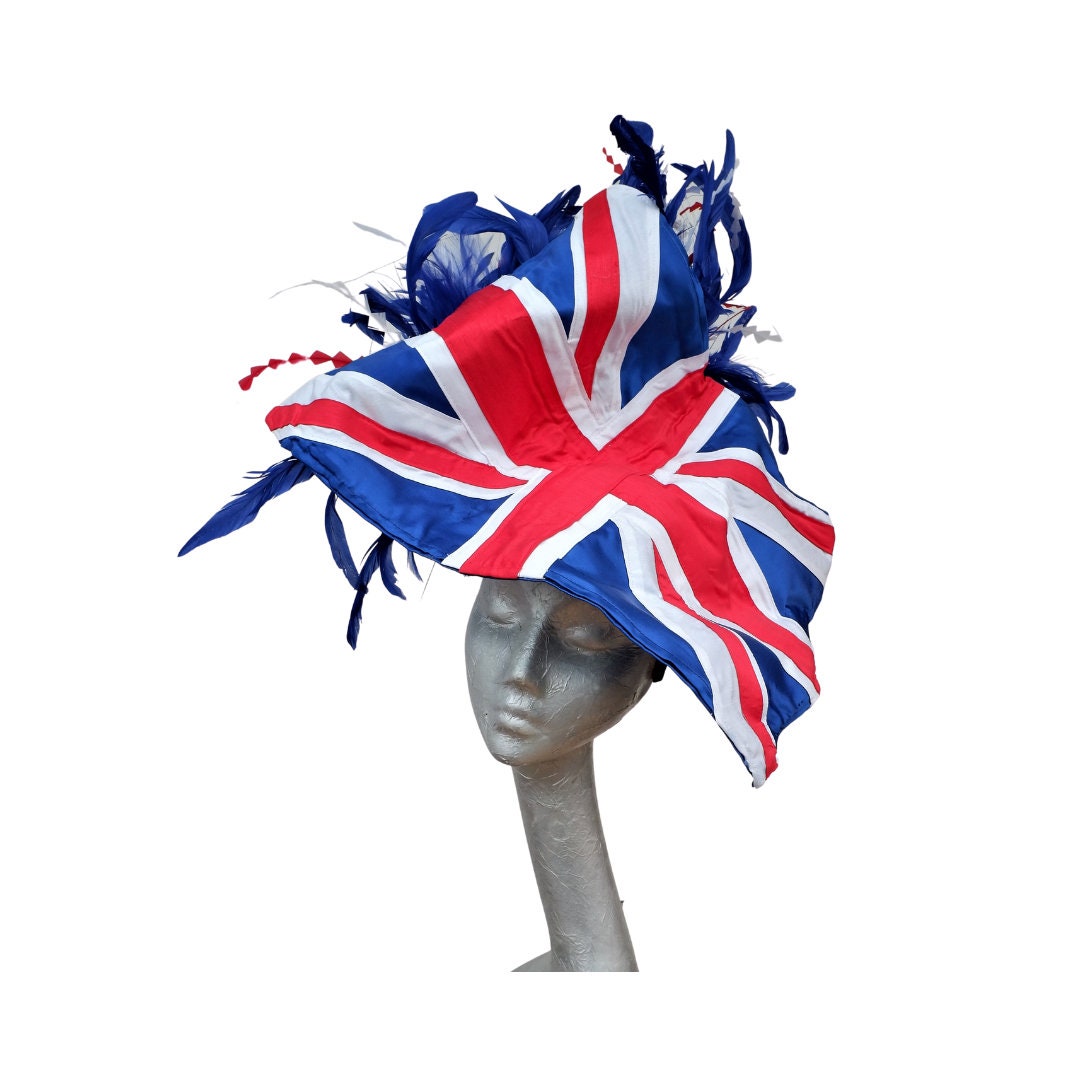 Union Flag - Red, White & Blue Silk and Feather Hatinator Royal Ascot Jubilee showpiece 2022
