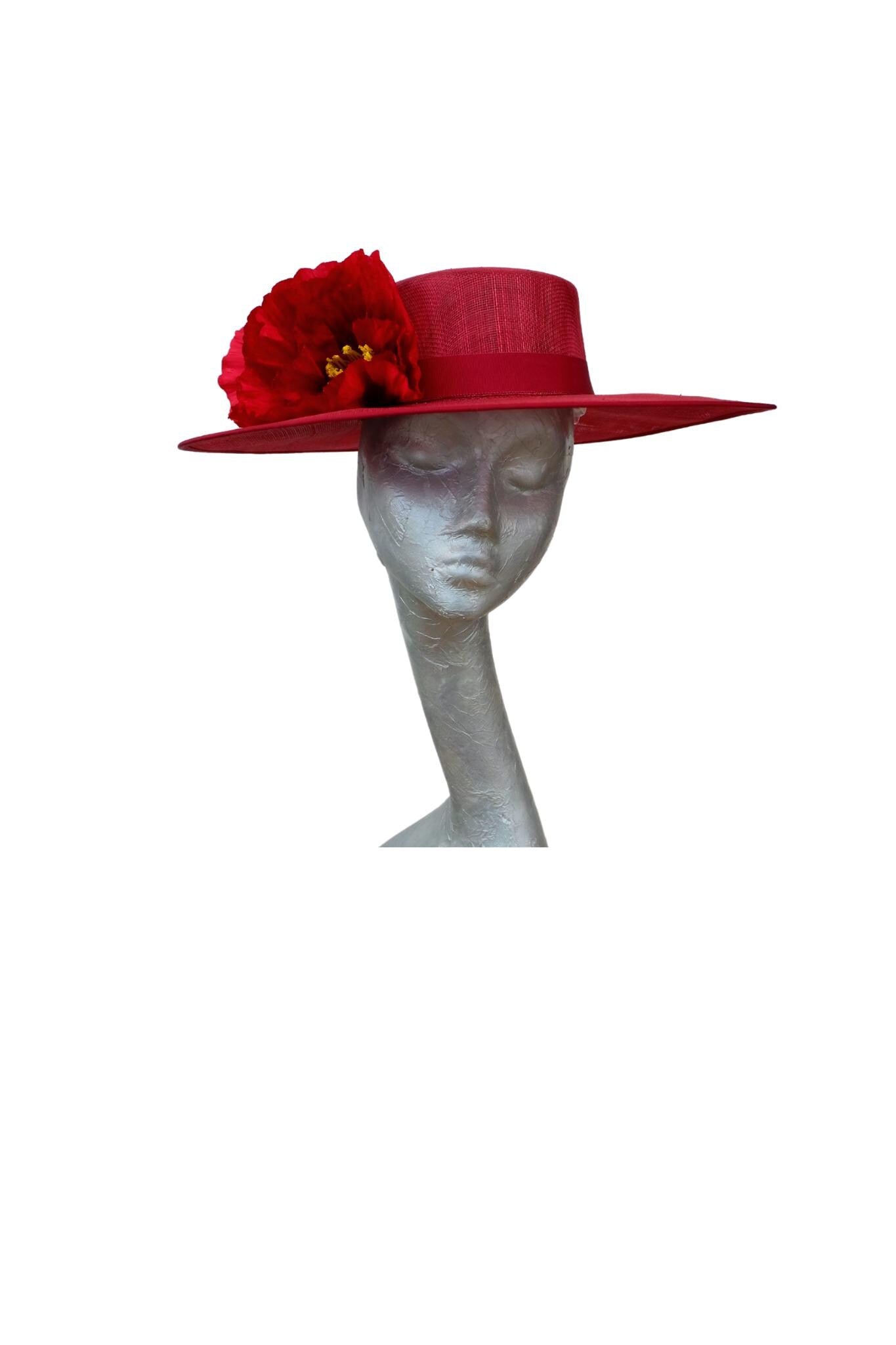 Belinda - Cherry Red Boater with Poppies