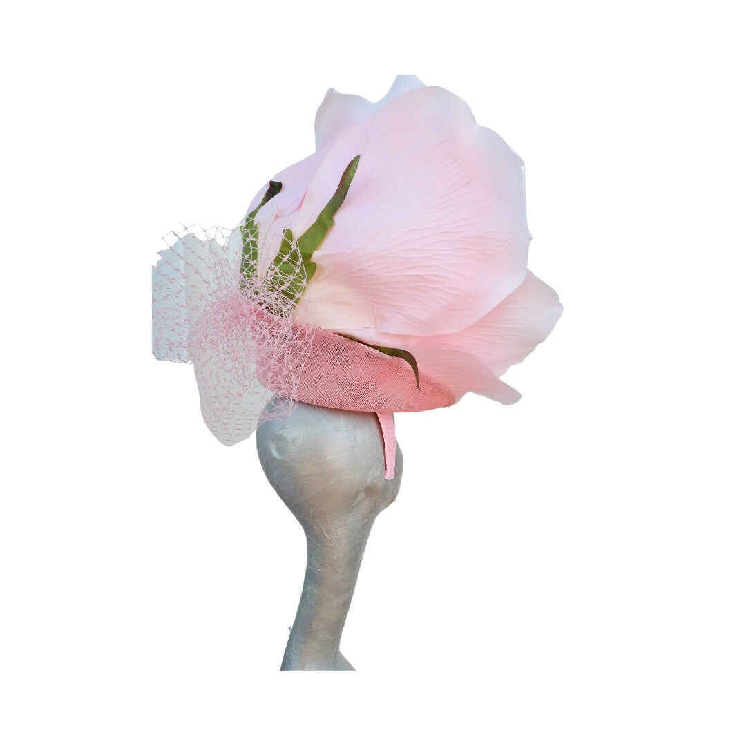 Lizzy - Giant oversized 50cm Pink rose fascinator with Pink merry widow netted bow