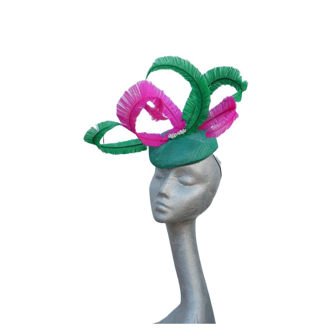 Marlow - Emerald Green Pillbox with Emerald & Hot Pink Feathers