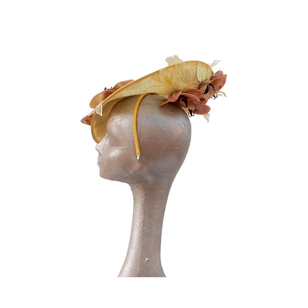 Orkney - Lemon Sinamay fascinator with Lemon & Pink Real touch Orchids