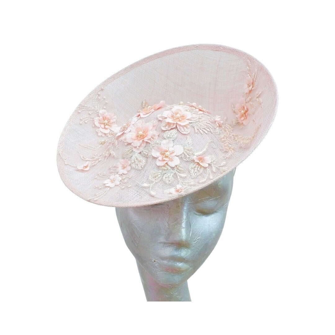 Portifino - Nude front facing fascinator with nude 3D applique trim
