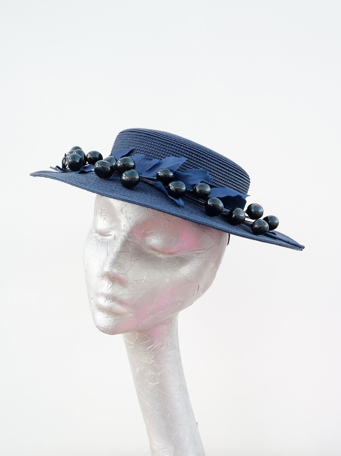 Tate - Navy Blue Polybraid Boater with Vintage 50's trim