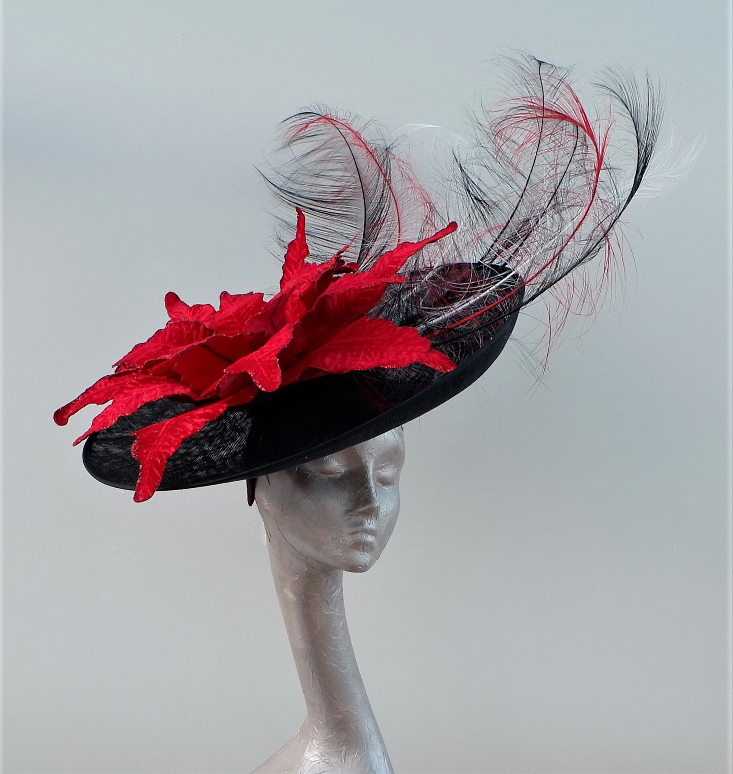 Extra large Black feature fascinator with 57cm Velvet Poinsettia & Ostrich feathers