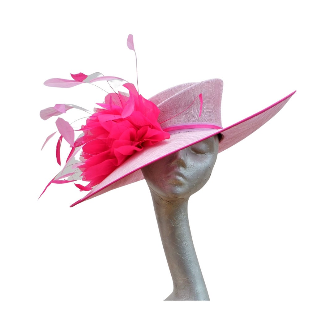 Helena -large Orchid Pink Hat with Fuchsia pink organza flower & Pink feathers