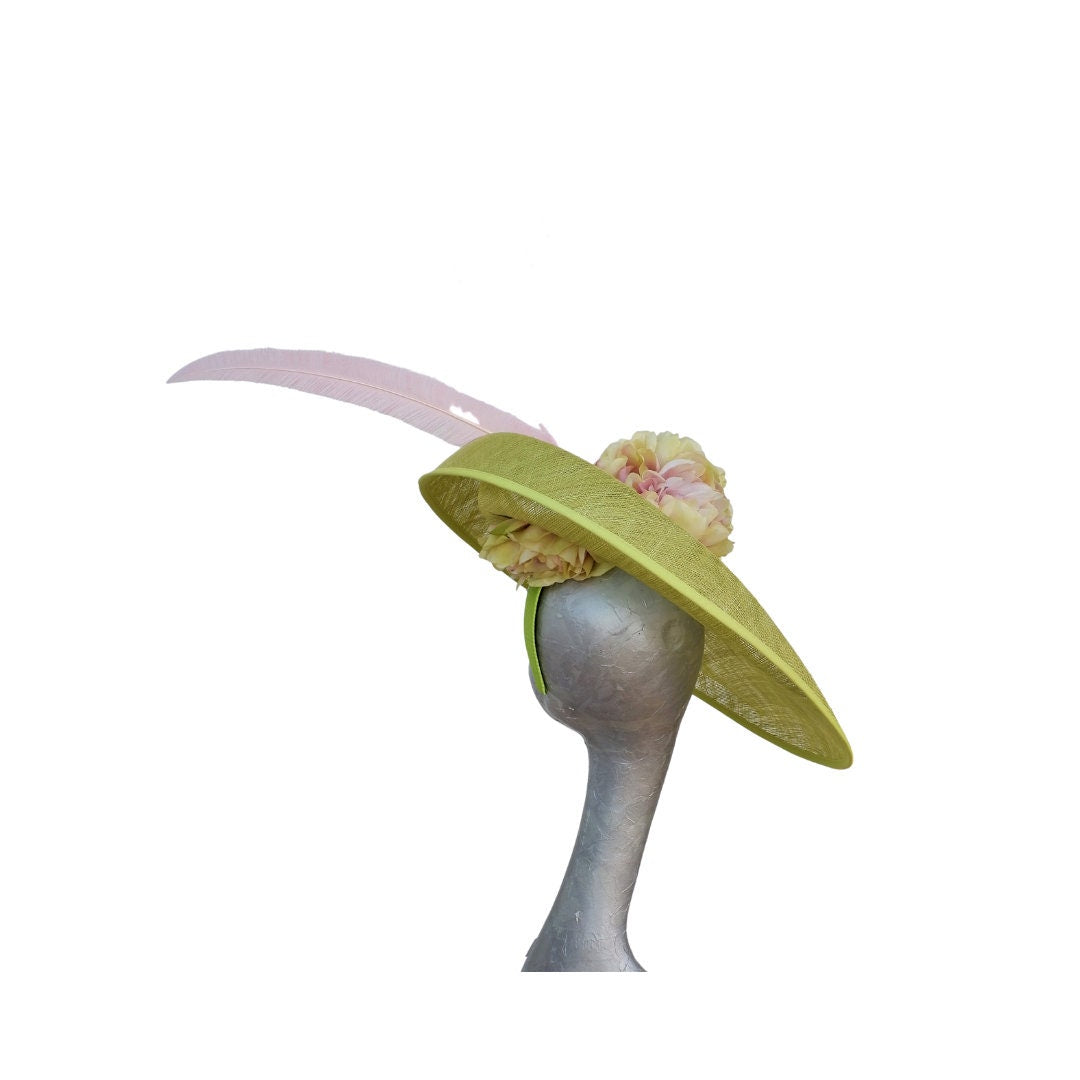 Hetty - Extra large Wasabi Green Hatinator with Pink & Green Hydrangea flowers and Pink Feathers