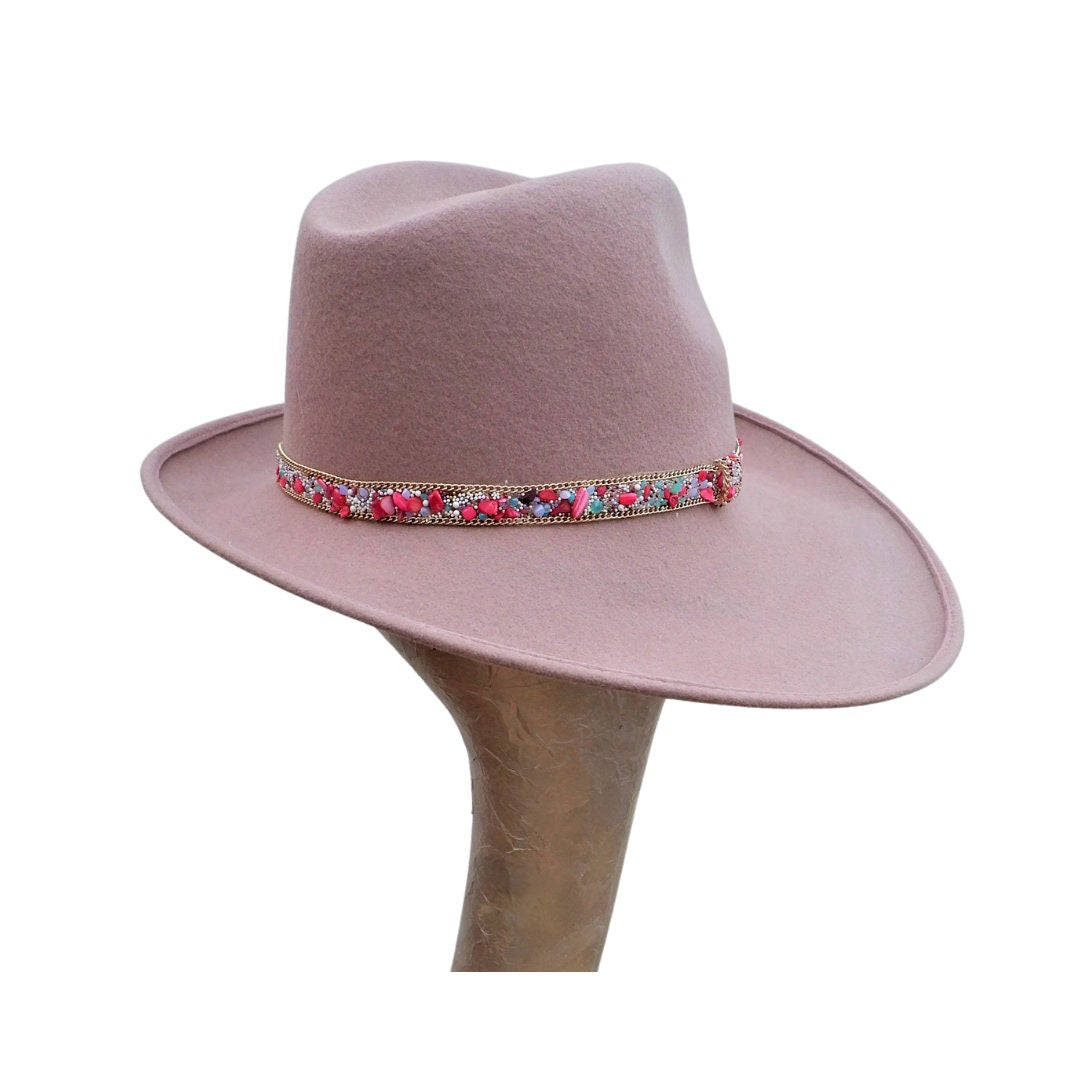 Mabel - Blush Felt Trilby Hat with Gemstone Trim