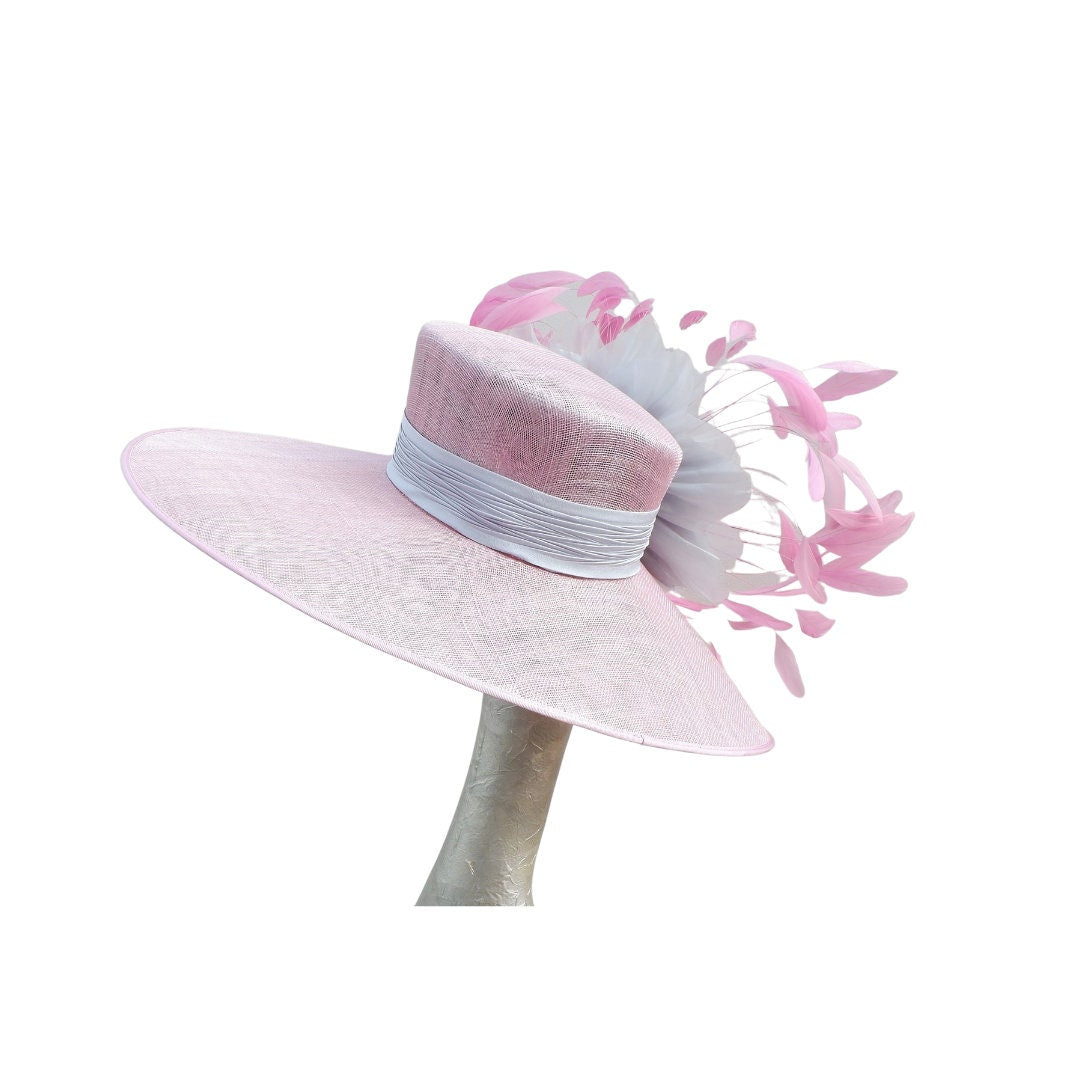 Philipa - Extra large Orchid Pink Hat with Silver Grey organza flower & Pink feathers