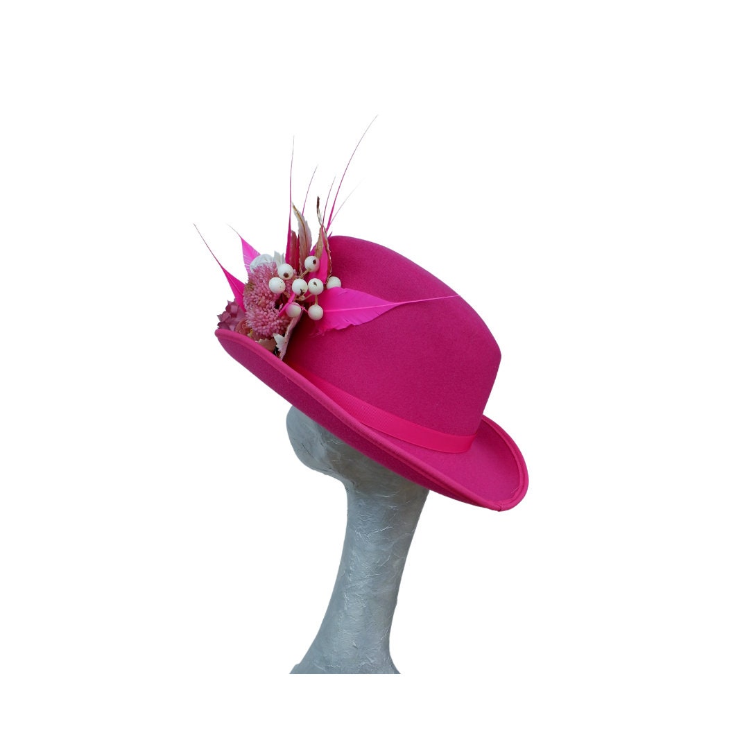 Darcy - Hot pink & Ivory slanted soft Top Hat with Floral detail