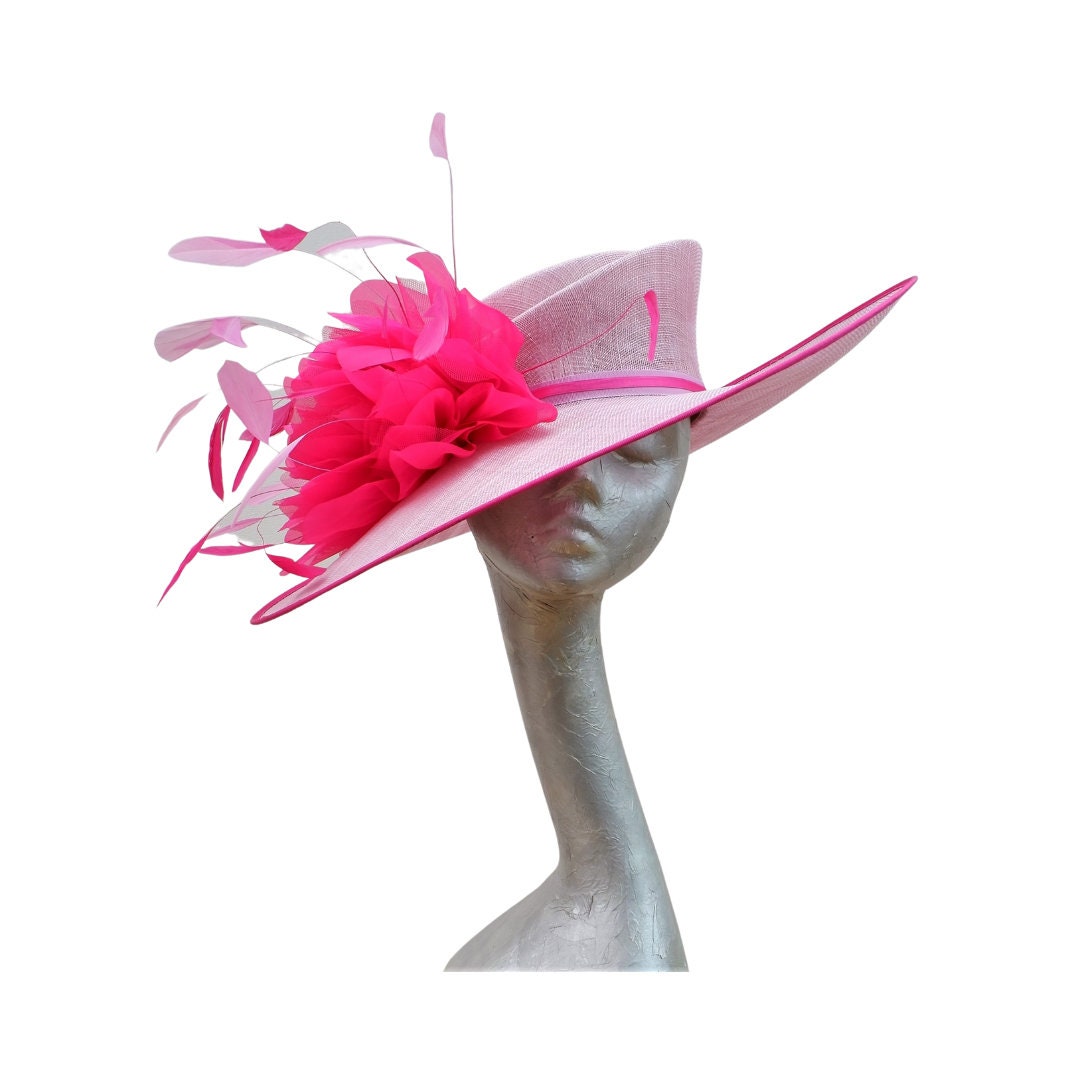 Helena -large Orchid Pink Hat with Fuchsia pink organza flower & Pink feathers