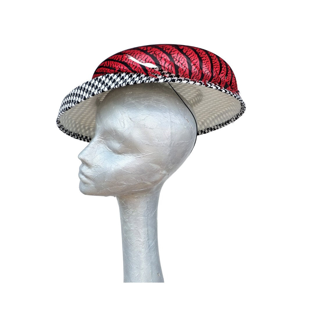 Albie - Hounds tooth Black & White hatinator with Red/Black Lady Amehurst Pheasant feather trim