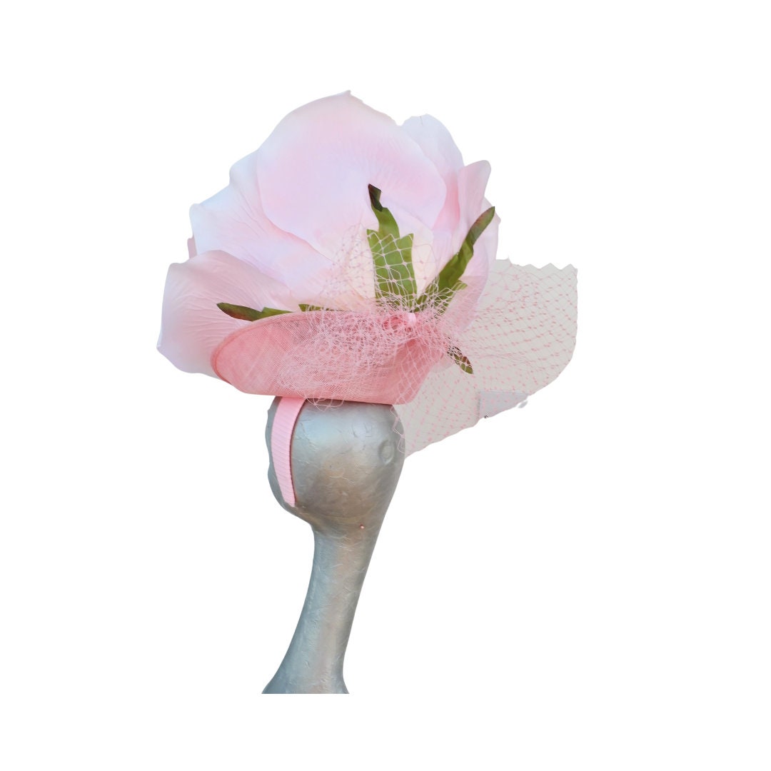 Lizzy - Giant oversized 50cm Pink rose fascinator with Pink merry widow netted bow