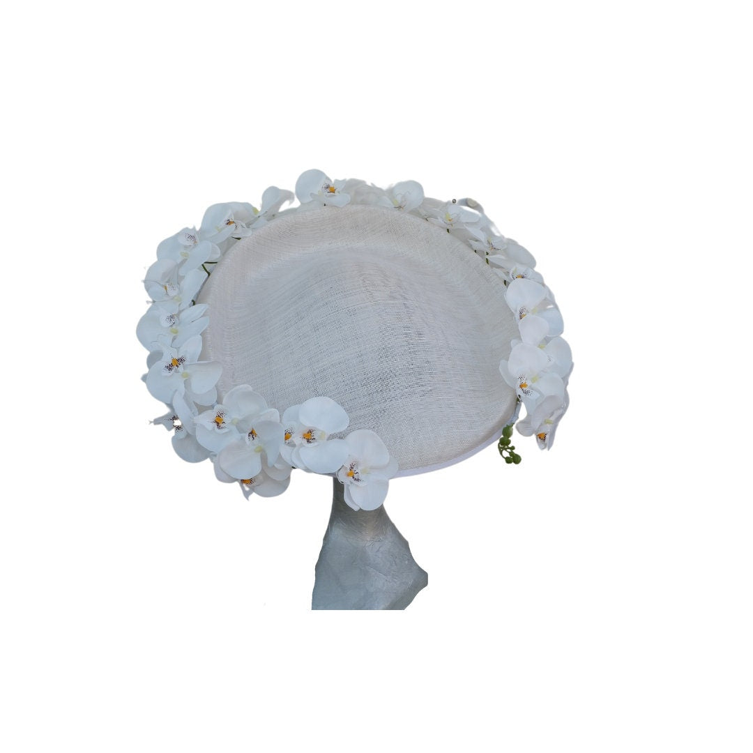 Amanda - Extra large White Hatinator edged with Silk Orchids