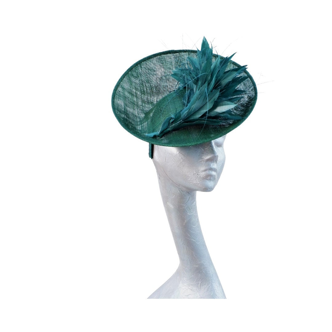 Emerald - Dark Emerald green two tone up turned saucer with matching feather trimming