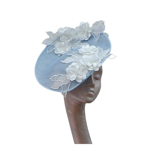 Skye- Sky Blue & white lace Applique fascinator