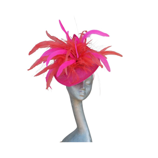 Cereza -Irregular Shaped Cerise pink hatinator with Coral & Cerise feather detail.