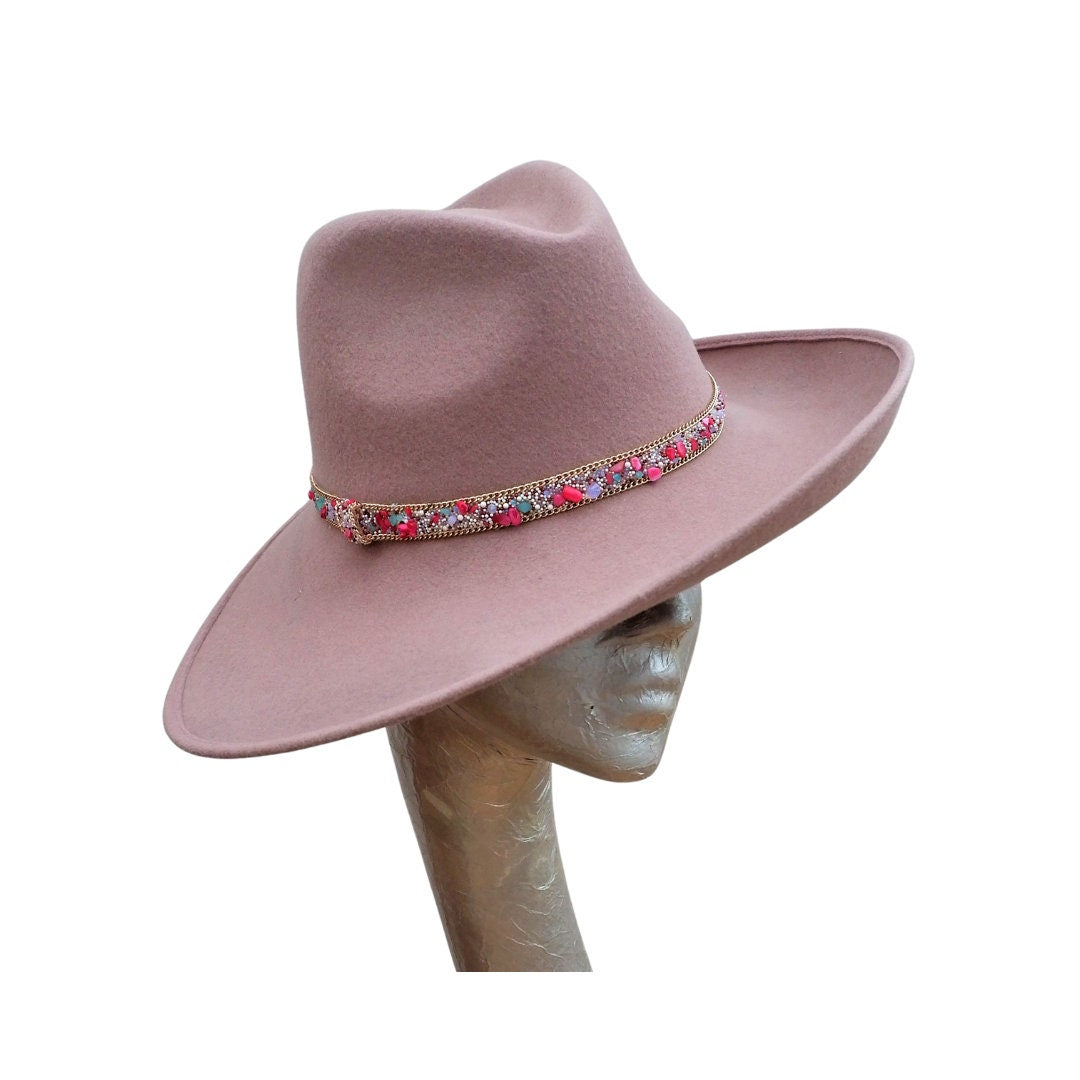 Mabel - Blush Felt Trilby Hat with Gemstone Trim