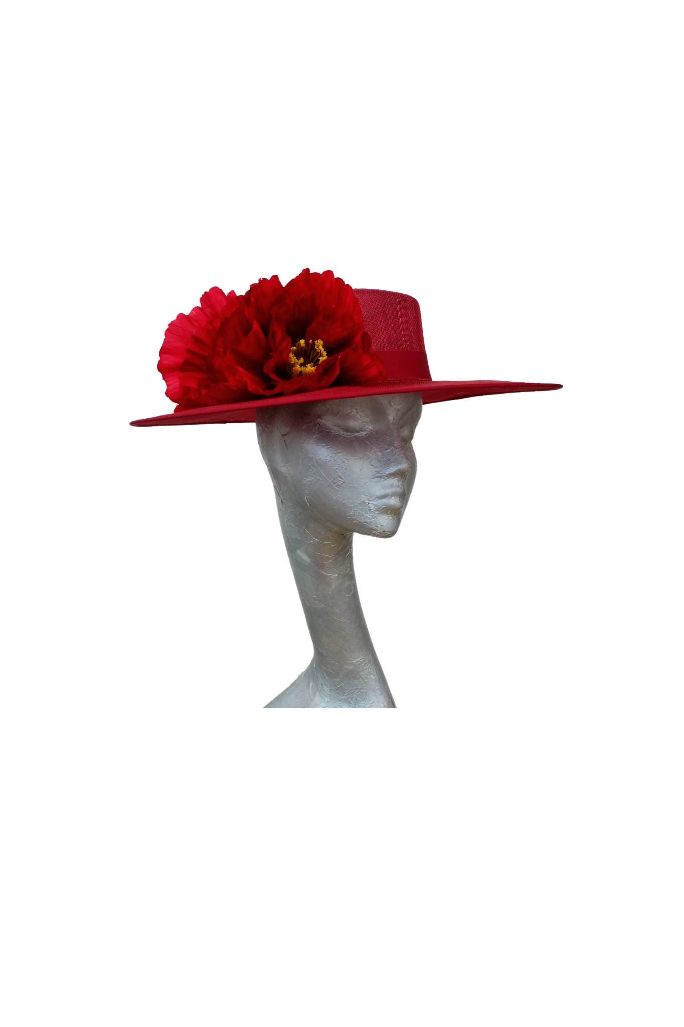 Belinda - Cherry Red Boater with Poppies
