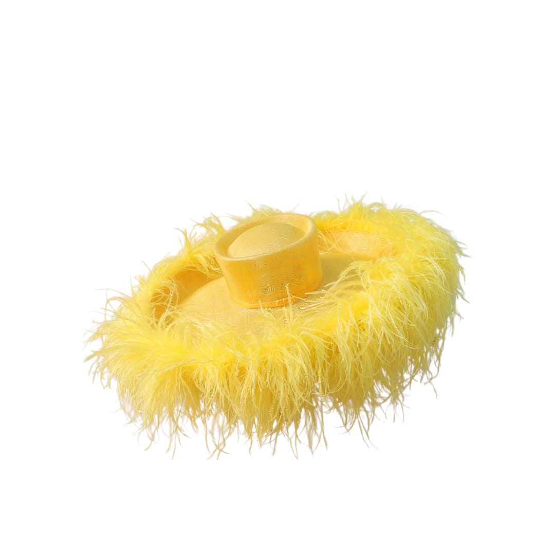 Emma - Extra large Hat with Ostrich feather boa in Yellow