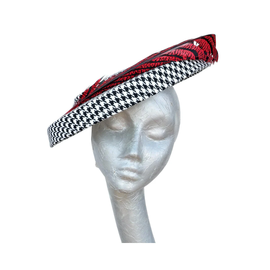Albie - Hounds tooth Black & White hatinator with Red/Black Lady Amehurst Pheasant feather trim