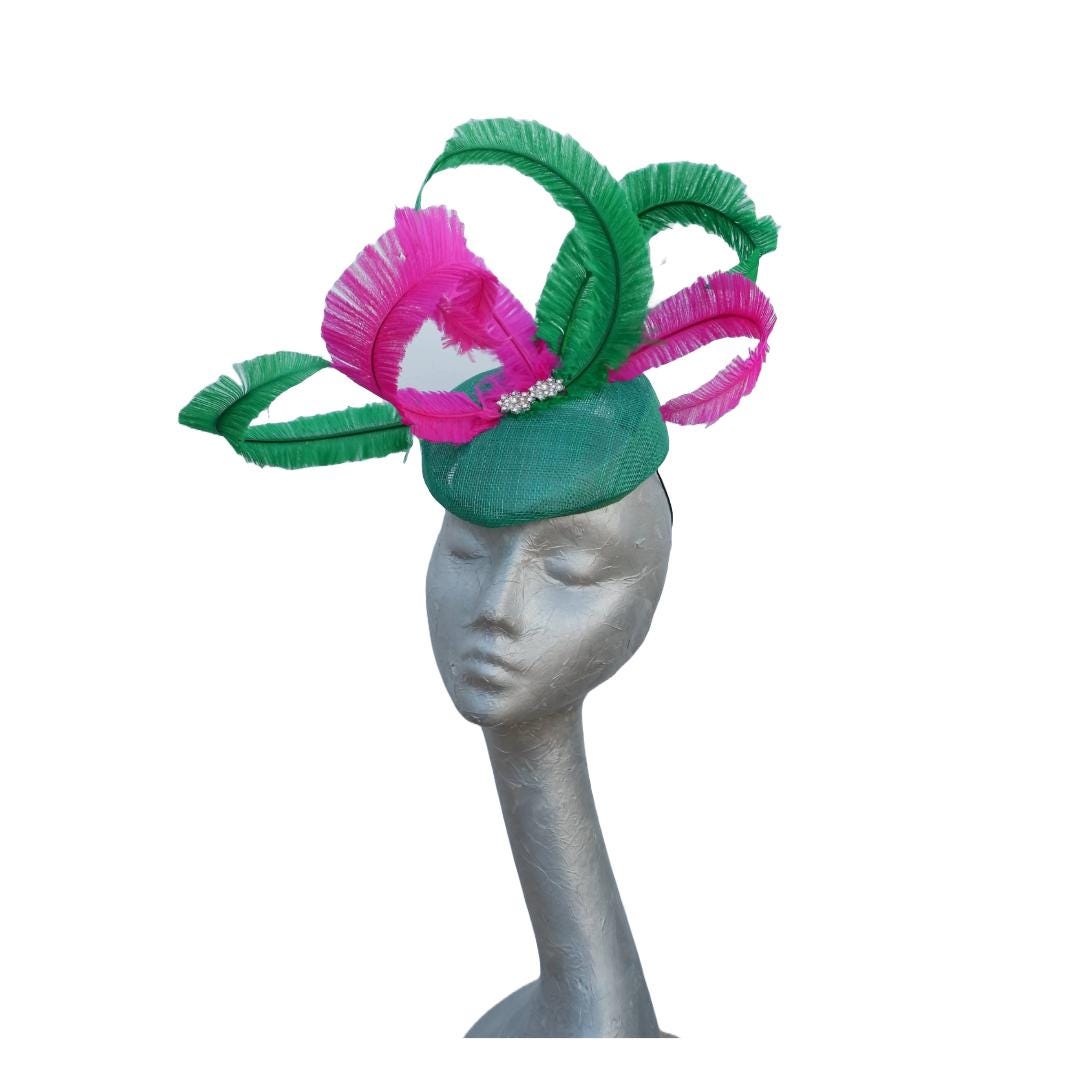 Marlow - Emerald Green Pillbox with Emerald & Hot Pink Feathers