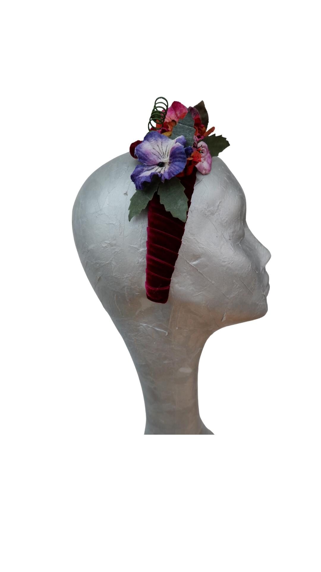 Viola - Claret Velvet Fascinator Headband with Multi Vintage pansies