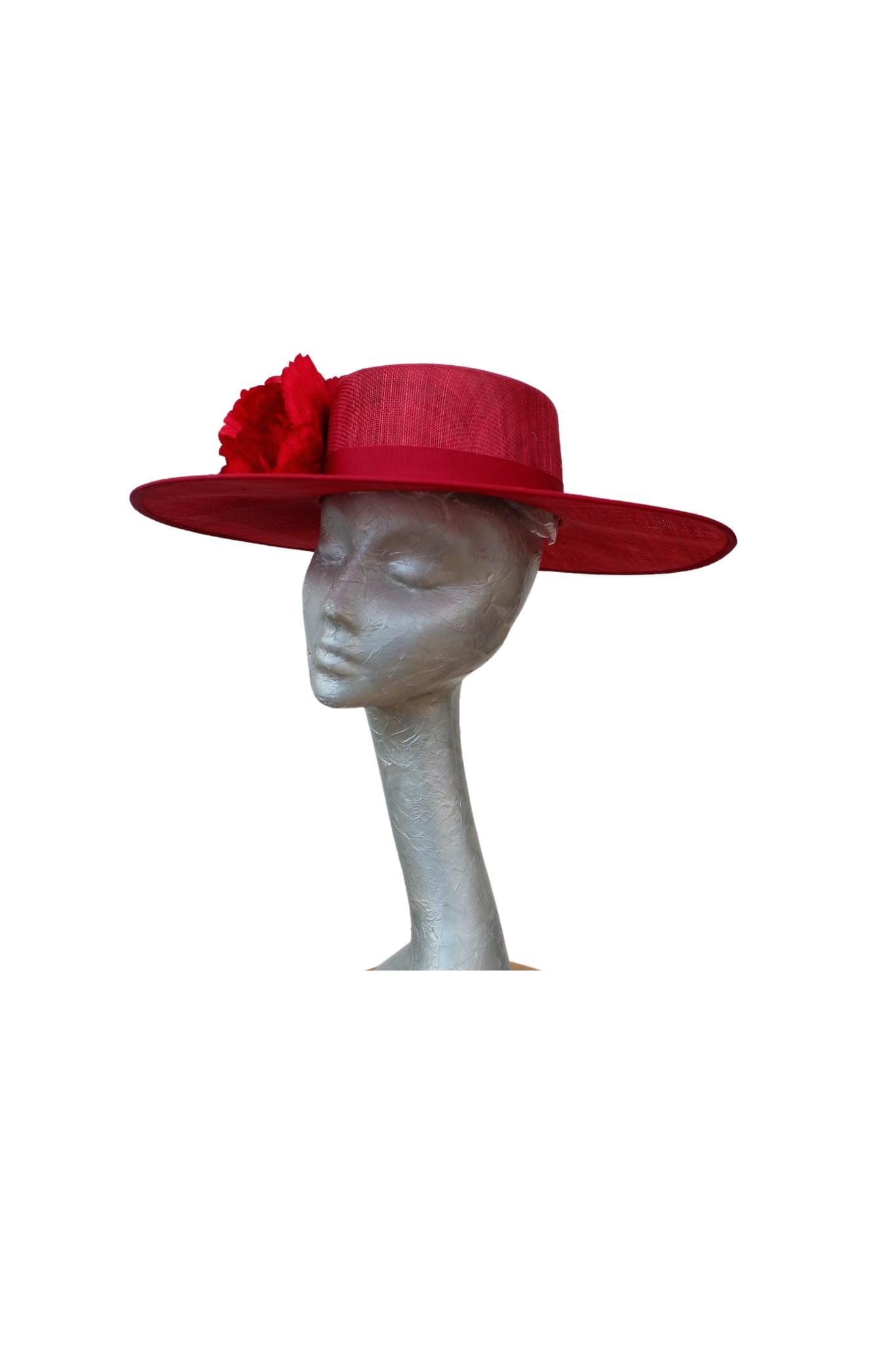 Belinda - Cherry Red Boater with Poppies